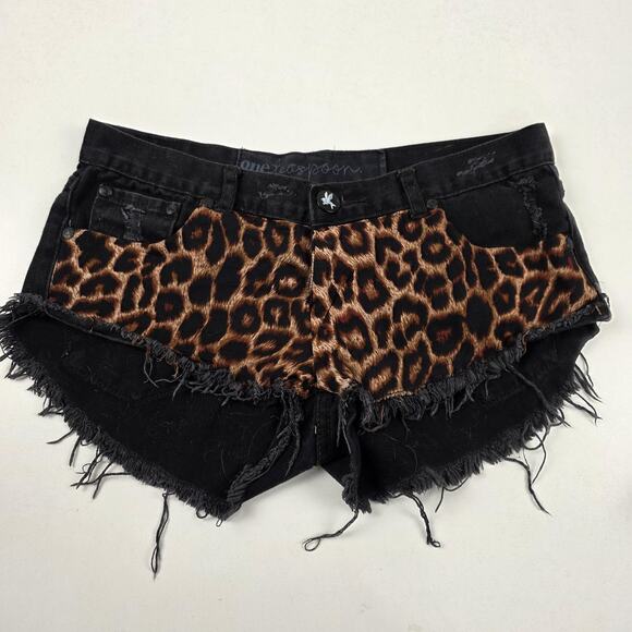 One Teaspoon Shorts Womens Medium Black Denim Distressed Leopard Cutoff Raw Hem - Picture 1 of 14